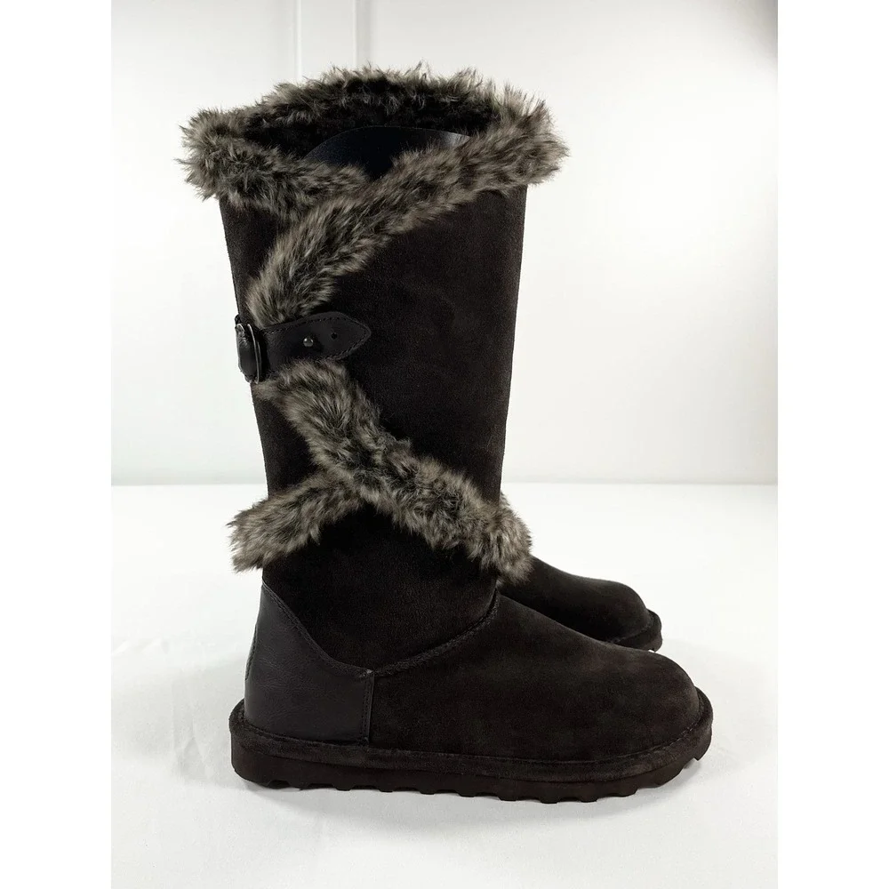 New BEARPAW Sheilah Women's 10 Suede Tall Boots Faux Fur Trim‎ Hickory Winter